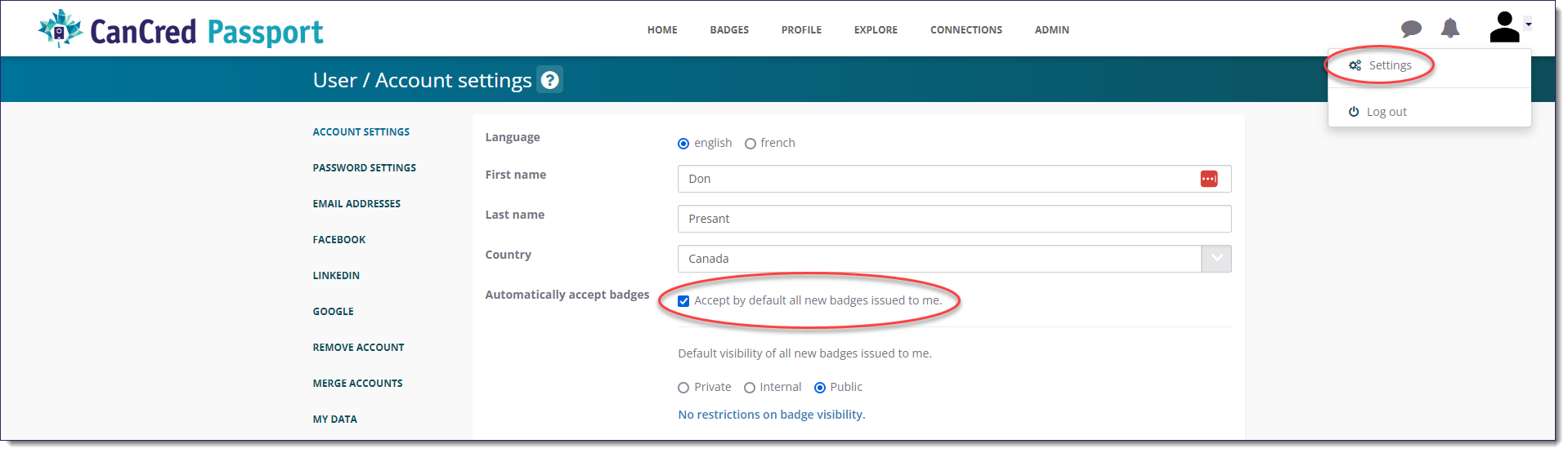 settings for auto-accepting badges